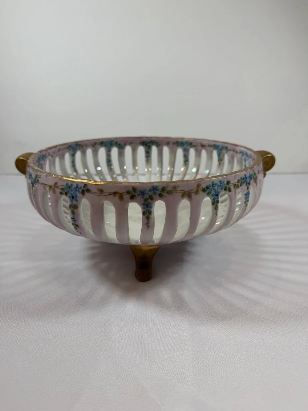 Vintage Reticulated Lattice Footed Fruit Bowl, Dresden-Style, Luster Glaze
